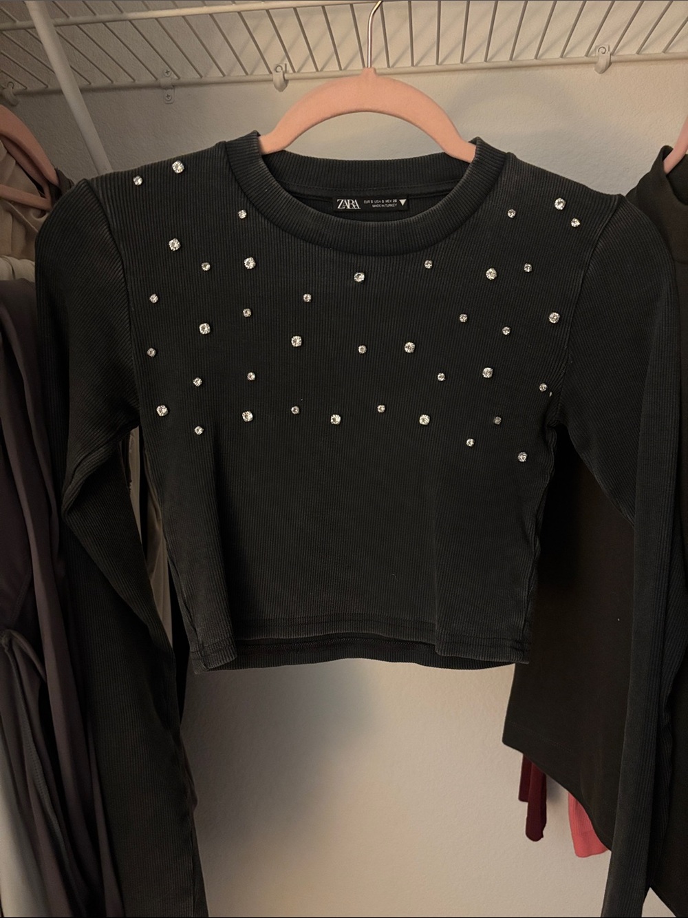 Zara Black Ribbed Long-Sleeve Crop Top with Rhinestones